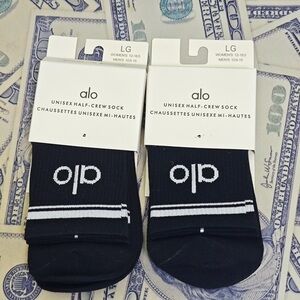 ALO Yoga Black Unisex Half-Crew Socks with White Logo and Stripes (2 Pack)